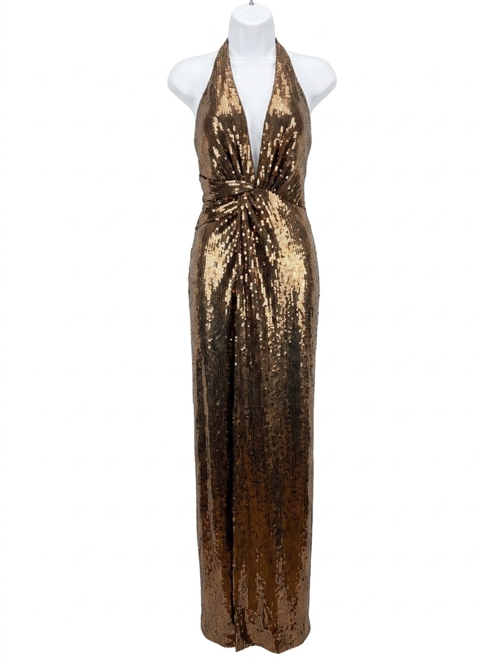 Halston Heritage Bronze Gold Sequin Plunging Knot Twist Halter Gown Dress S